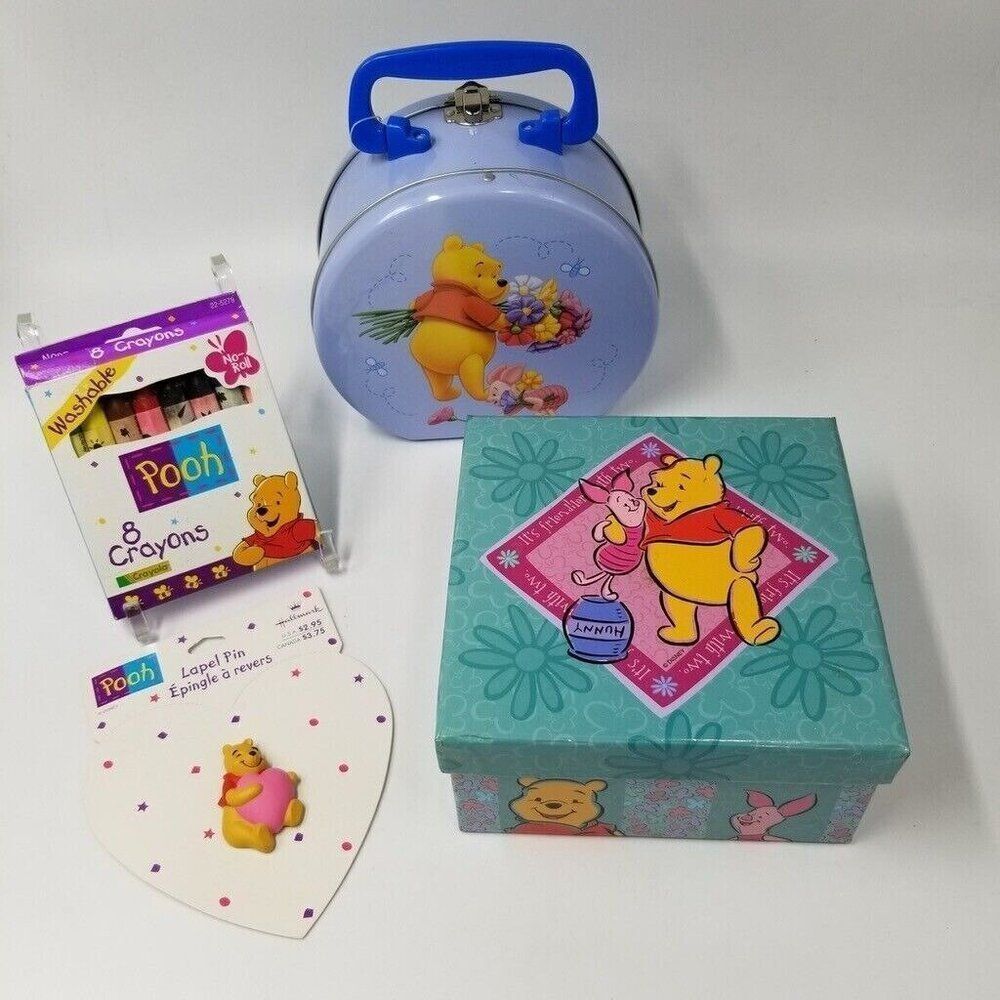 Vintage Disney Pooh Pin Gift Box Crayons Lunch Box Desk Set New Lot 4